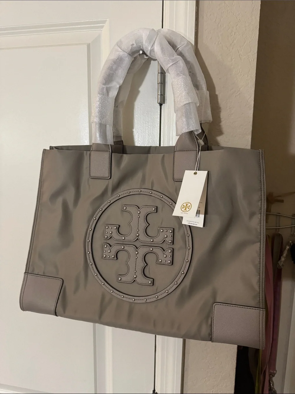 Tory Burch Taupe Nylon Tote with Studded Logo